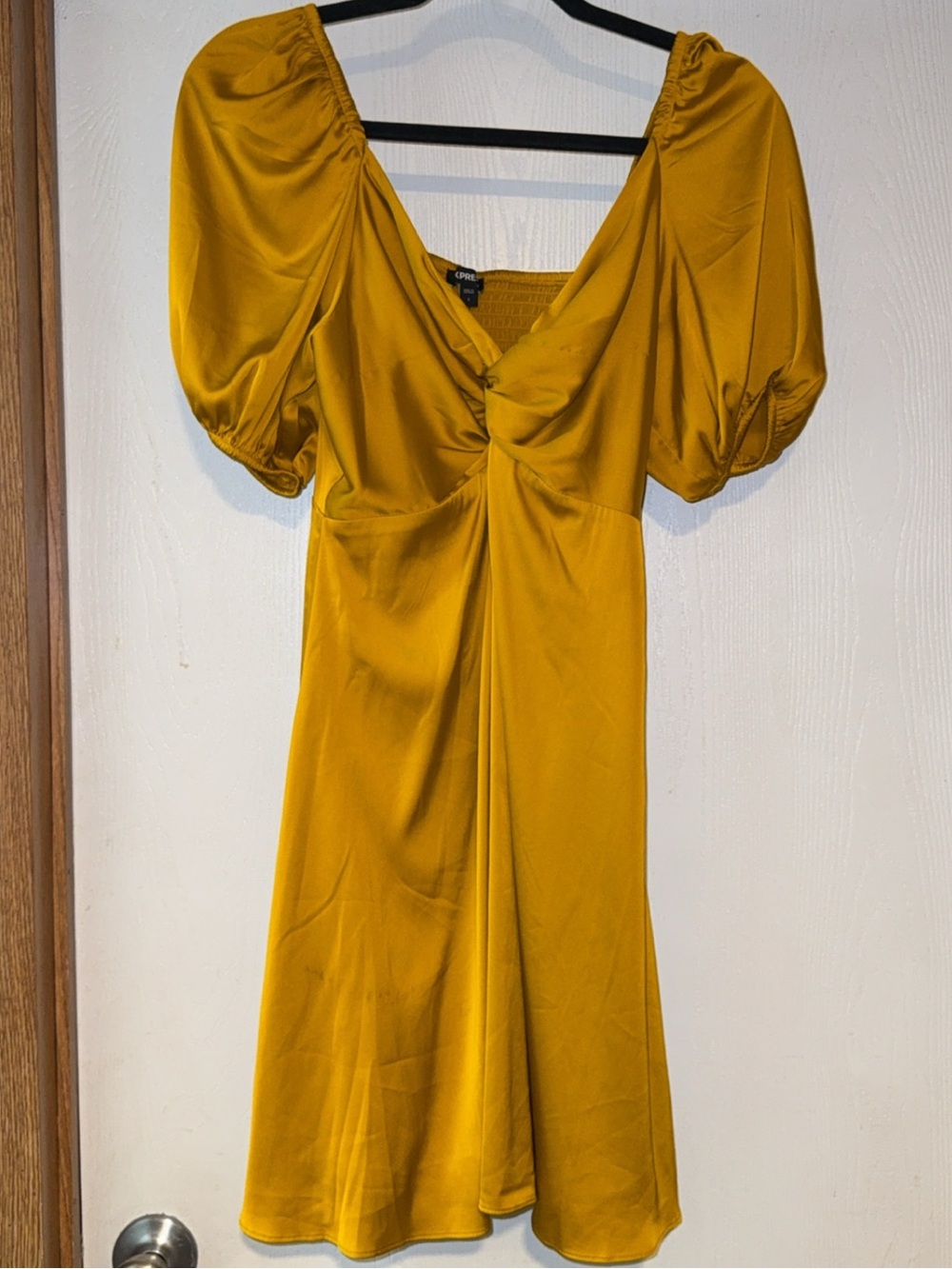 Express Mustard Satin Mini Dress with Puff Sleeves